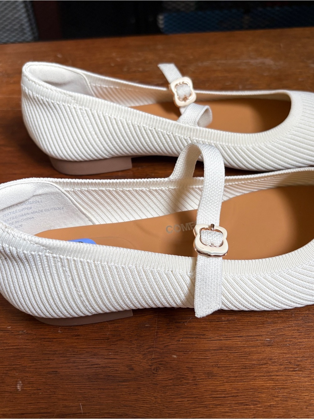 BCBGeneration Cream Ribbed Mary Jane Flats with Gold Buckle